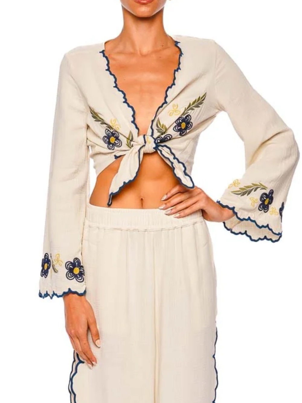 Aqua Bendita Soleil Fiorella Embroidered Tie Front Top L Floral